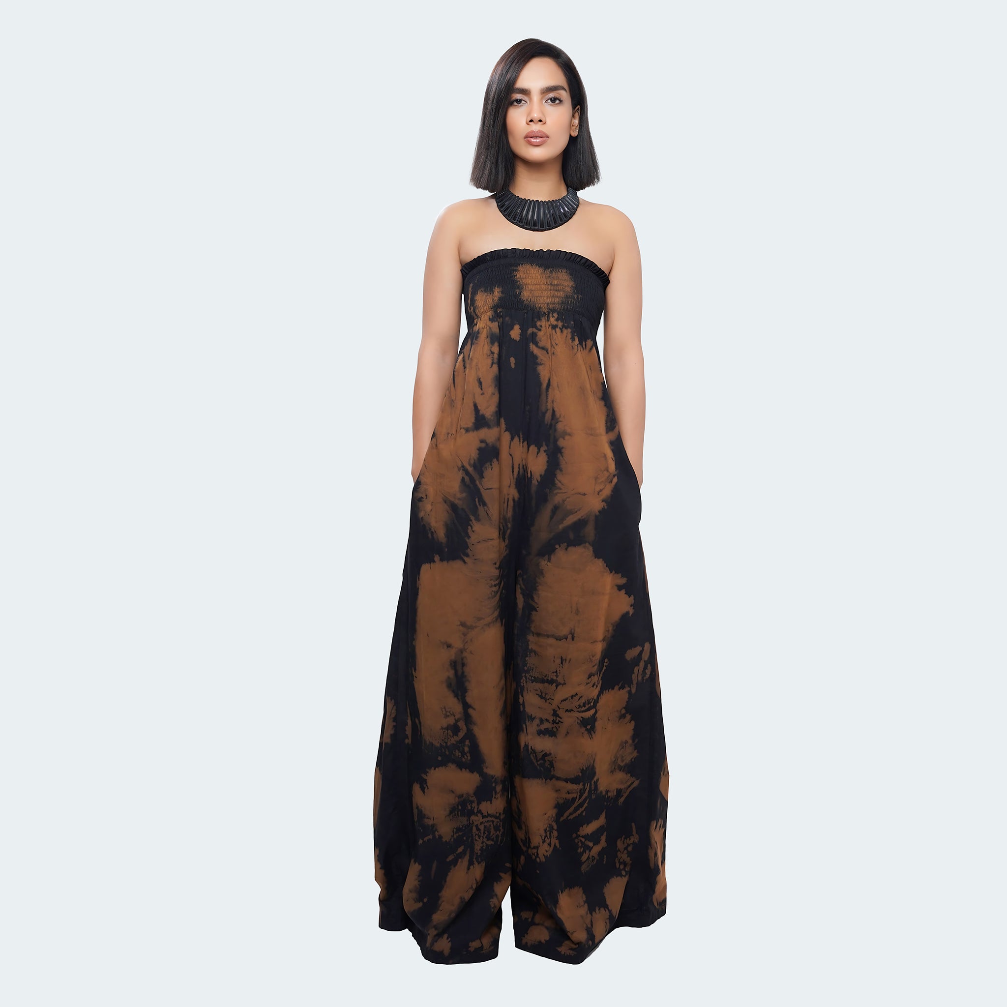 anaya-jumpsuit-dress-brown-black-discharge-dye-strapless-front-1.jpg