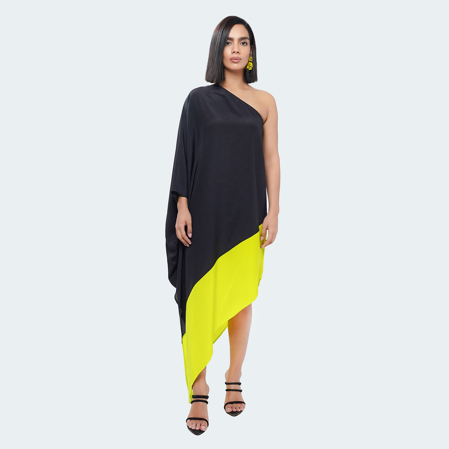 COLOR POP ONE SHOULDER CASCADE DRESS